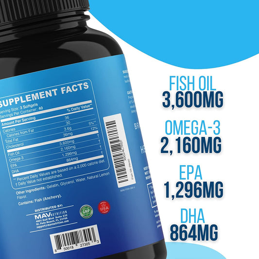 MAV Nutrition Fish Oil 3600 mg Lemon Flavor Soft Gels